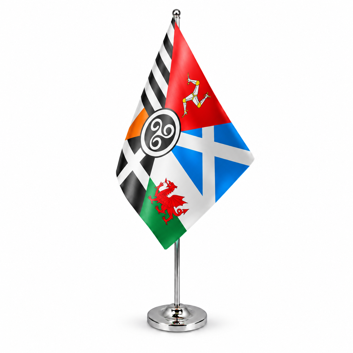 Celtic Nations satin table flag on telescopic chrome pole and round base