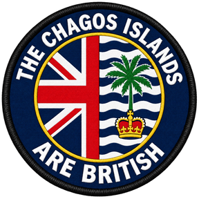 The Chagos Islands Are British round patch with split Union Jack and palm tree flag design, navy surround and black border