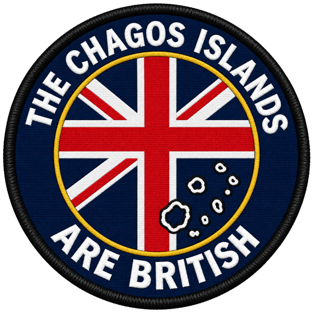 The Chagos Islands Are British embroidered patch with Union Jack, white island outlines, navy surround and black border