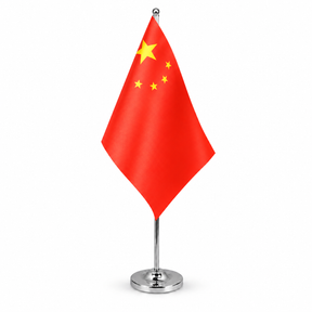 China satin table flag on telescopic chrome pole and round base