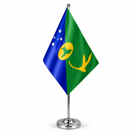 Christmas Island satin table flag on telescopic chrome pole and round base