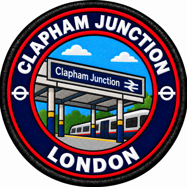 Round 80mm embroidered patch showing a passenger train beneath a Clapham Junction platform sign and canopy, finished with a black border.