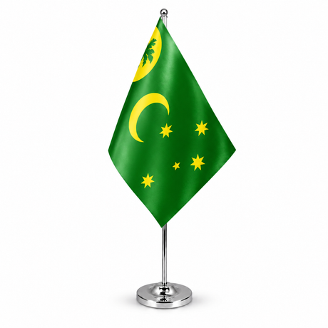 Cocos Keeling Islands satin table flag on chrome pole and round base