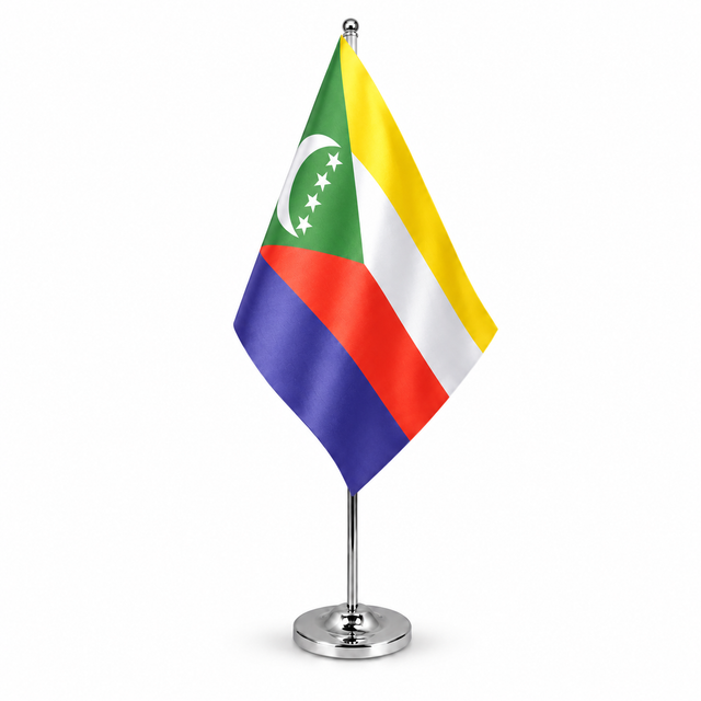 Comoros satin table flag on telescopic chrome pole and round base