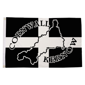 Cornwall Silhouette Kernow flag with Cornwall outline and lettering over a black and white cross, 5ft x 3ft