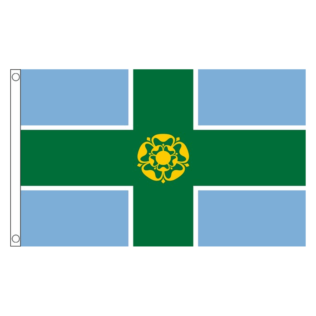 Derbyshire county flag with green cross edged in white and gold rose on light blue, 5ft x 3ft