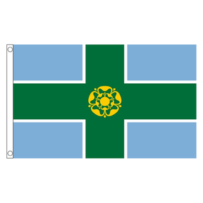 Derbyshire county flag with green cross edged in white and gold rose on light blue, 5ft x 3ft