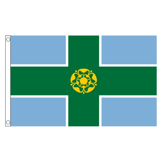 Derbyshire county flag with green cross edged in white and gold rose on light blue, 5ft x 3ft