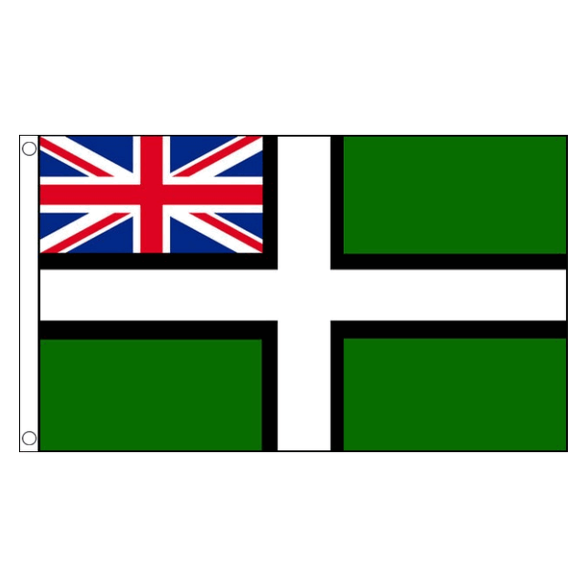 Devon Ensign flag with white cross edged in black on green and Union Jack in the upper left, 5ft x 3ft
