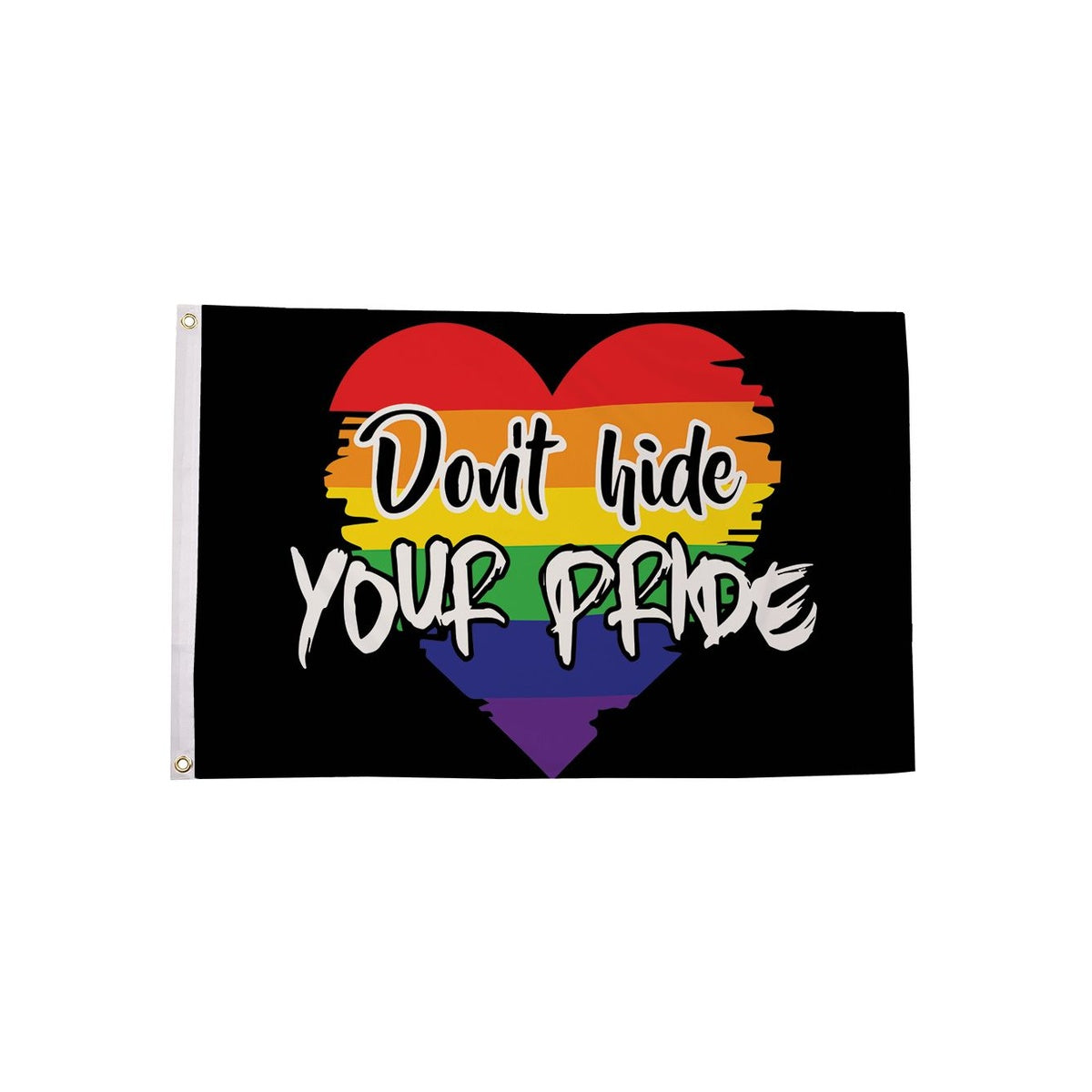 Don't Hide Your Pride Flag 5ft x 3ft with rainbow heart on black background