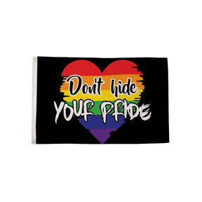 Don't Hide Your Pride Flag 5ft x 3ft with rainbow heart on black background