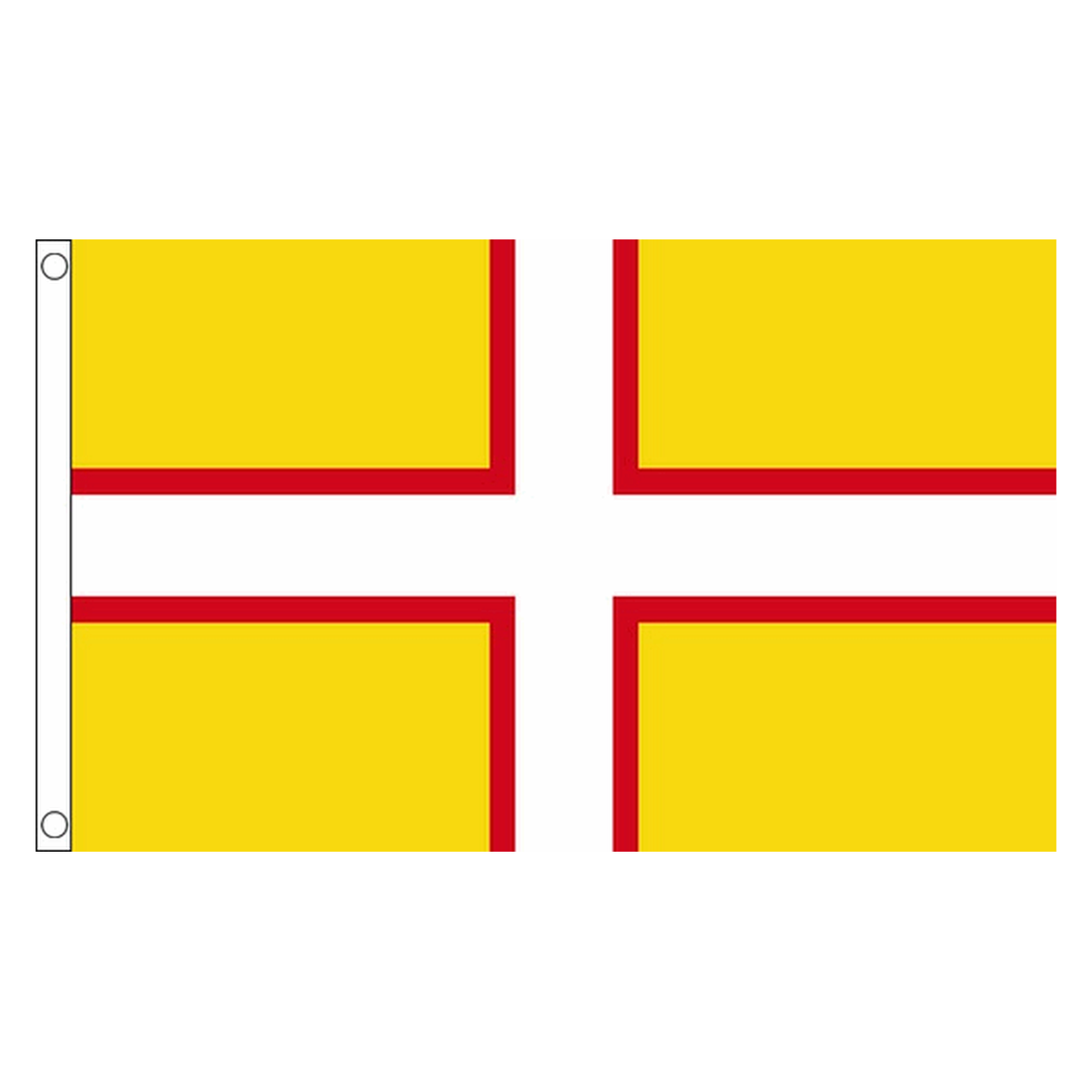 Dorset new county flag with white cross edged in red on gold yellow, 5ft x 3ft