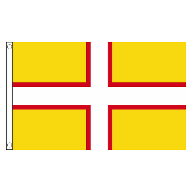 Dorset new county flag with white cross edged in red on gold yellow, 5ft x 3ft