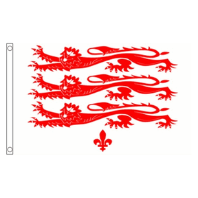 Dorset Old Lions flag with three red lions and red fleur-de-lis on white, 5ft x 3ft