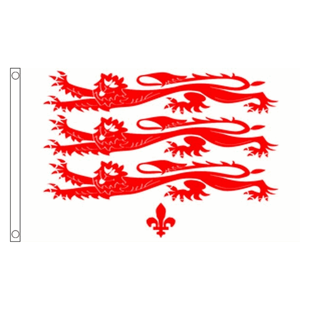 Dorset Old Lions flag with three red lions and red fleur-de-lis on white, 5ft x 3ft