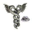 Two intertwined winged dragons antique silver tone pewter lapel pin badge with butterfly clutch fastening