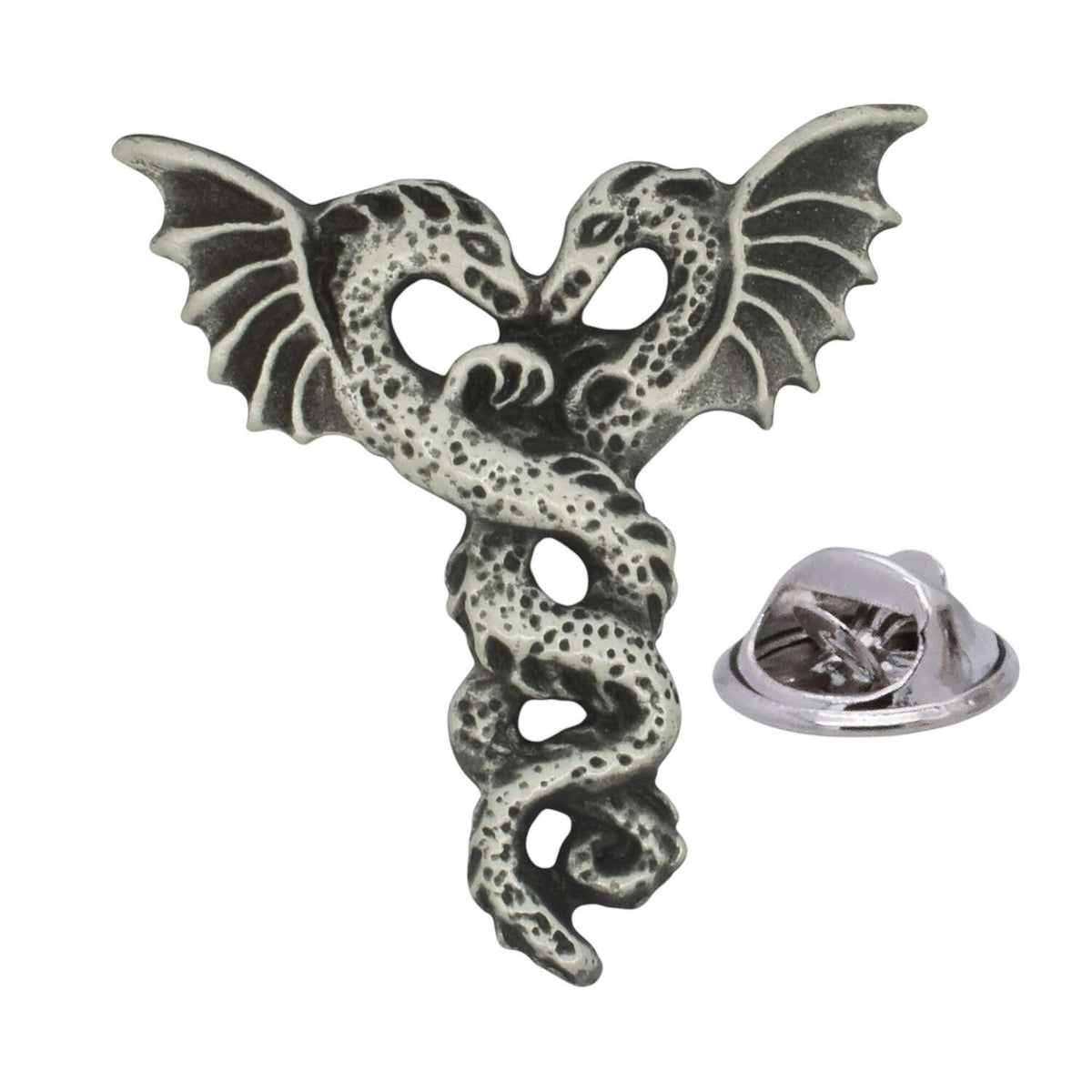 Two intertwined winged dragons antique silver tone pewter lapel pin badge with butterfly clutch fastening