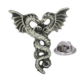 Two intertwined winged dragons antique silver tone pewter lapel pin badge with butterfly clutch fastening