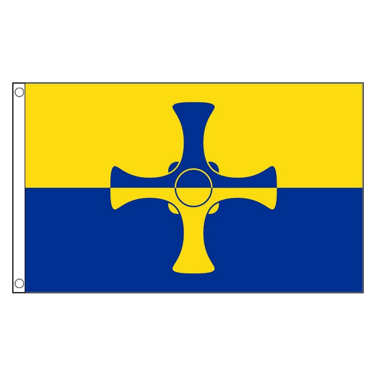 Durham County new flag with central blue and gold cross on gold and blue horizontal halves, 5ft x 3ft