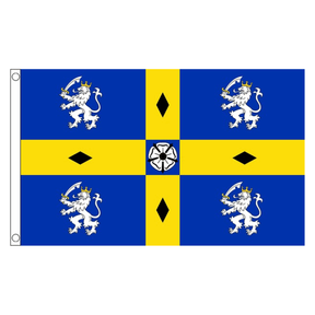 Durham County old flag with gold cross, four white lions, black diamonds and central white rose on blue, 5ft x 3ft