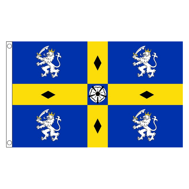 Durham County old flag with gold cross, four white lions, black diamonds and central white rose on blue, 5ft x 3ft