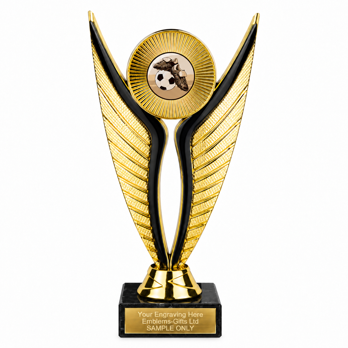 Football Boots and Ball economy trophy 195mm with plastic top and marble base