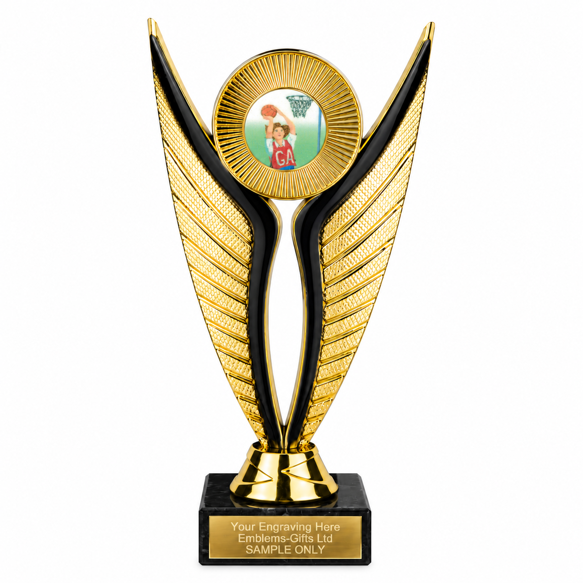 Netball Goal Attack economy trophy 195mm with plastic top and marble base