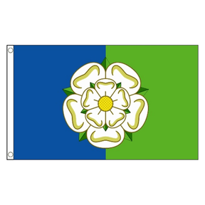 East Riding of Yorkshire flag with central white rose on blue and green vertical halves, 5ft x 3ft