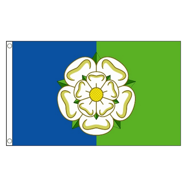 East Riding of Yorkshire flag with central white rose on blue and green vertical halves, 5ft x 3ft