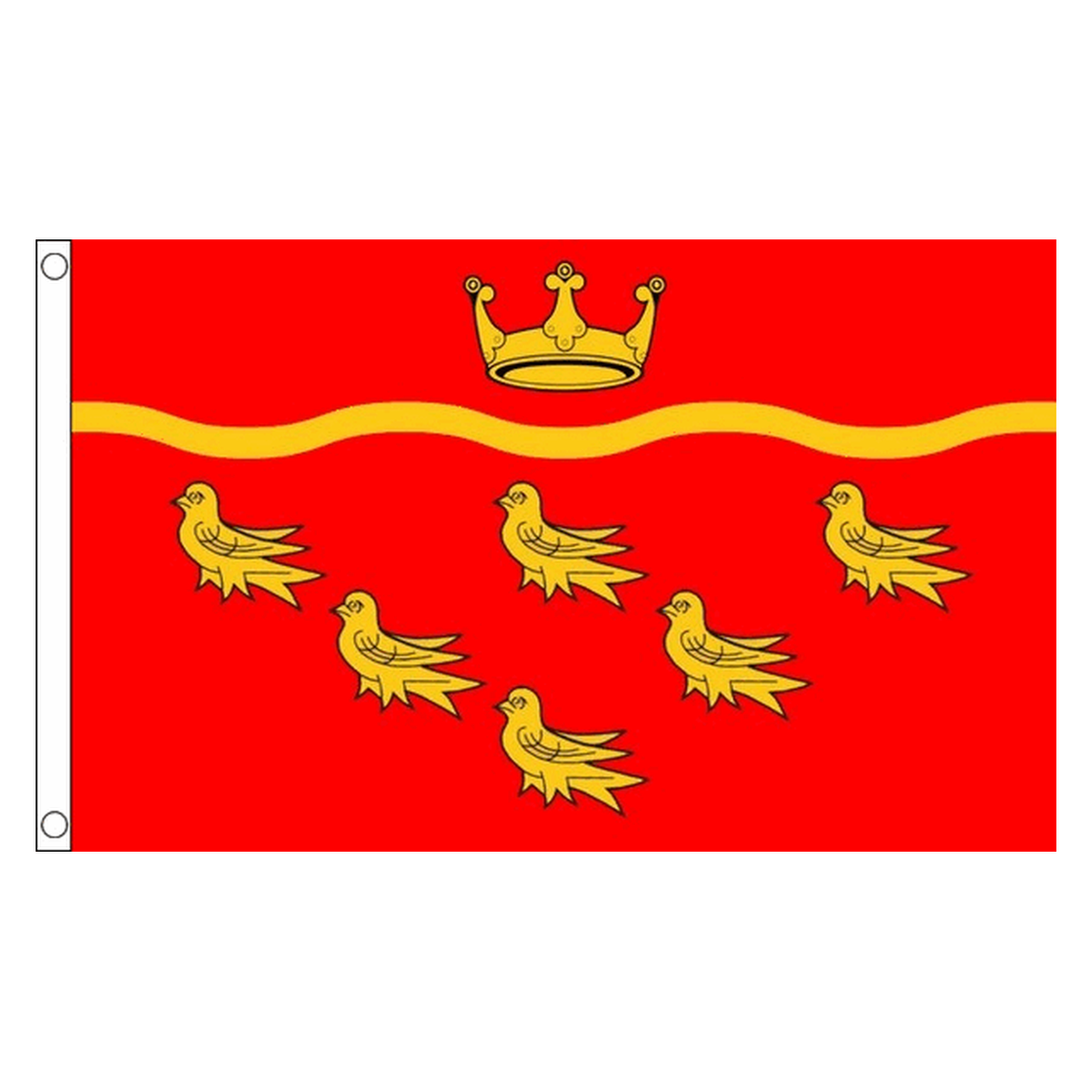 East Sussex county flag with gold crown, wavy band and six gold birds on red, 5ft x 3ft