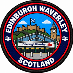 Round 80mm embroidered patch showing a stylised Edinburgh Waverley station entrance, with a castle, Saltire and clock tower behind, finished with a black border.