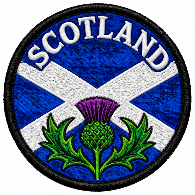 Round 80mm Scotland embroidered patch showing a purple and green thistle below a white Saltire on blue, with SCOTLAND lettering, finished with a black border.