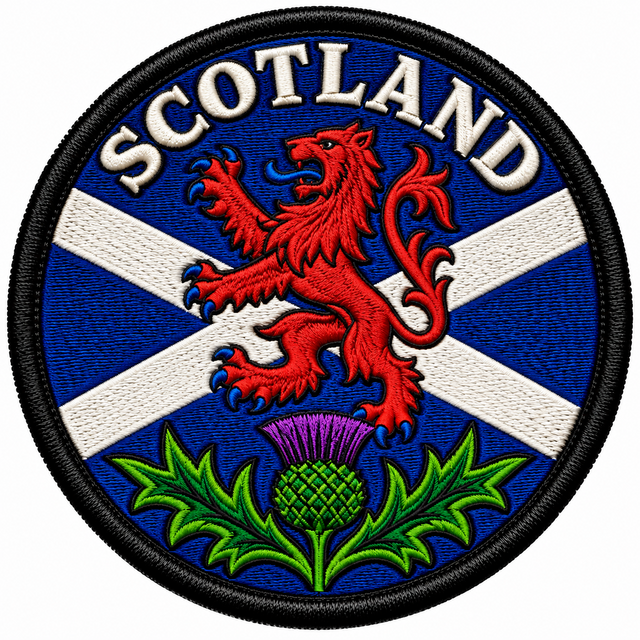 Round 80mm Scotland embroidered patch showing a red lion rampant above a purple thistle, with a white Saltire on blue and SCOTLAND lettering, finished with a black border.