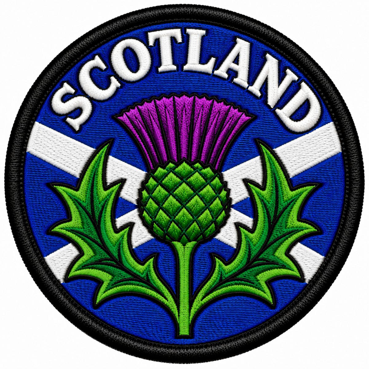 Round 80mm Scotland embroidered patch showing a large central purple and green thistle over a white Saltire on blue, with SCOTLAND lettering, finished with a black border.