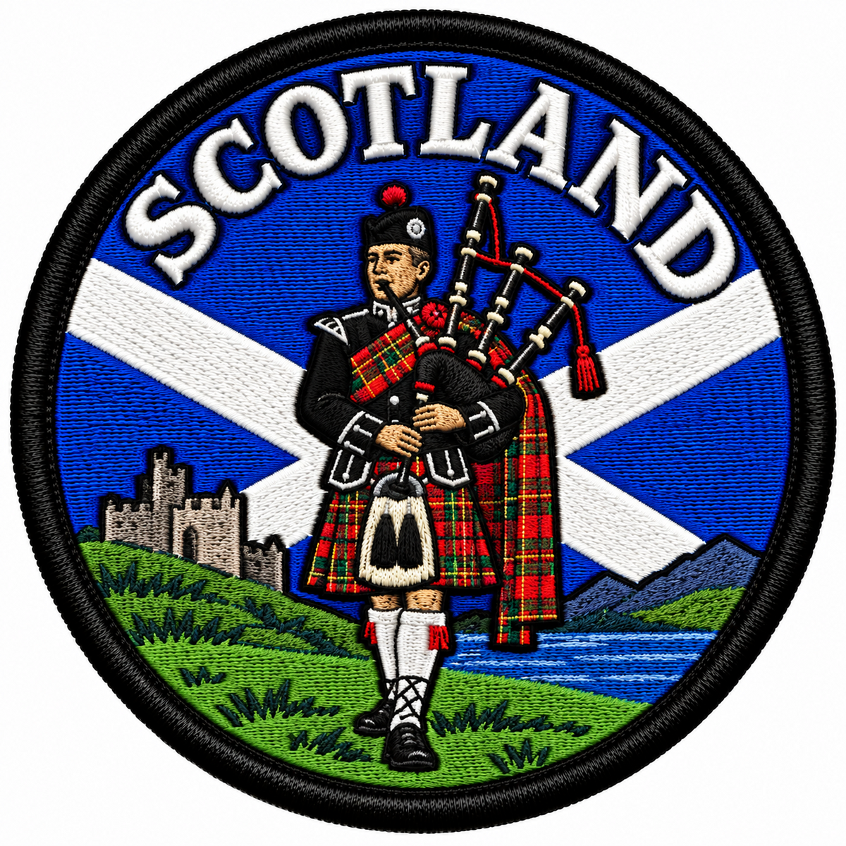 Round 80mm Scotland embroidered patch showing a bagpiper in red tartan beside a castle, loch and mountains, with a Saltire and SCOTLAND lettering, finished with a black border.