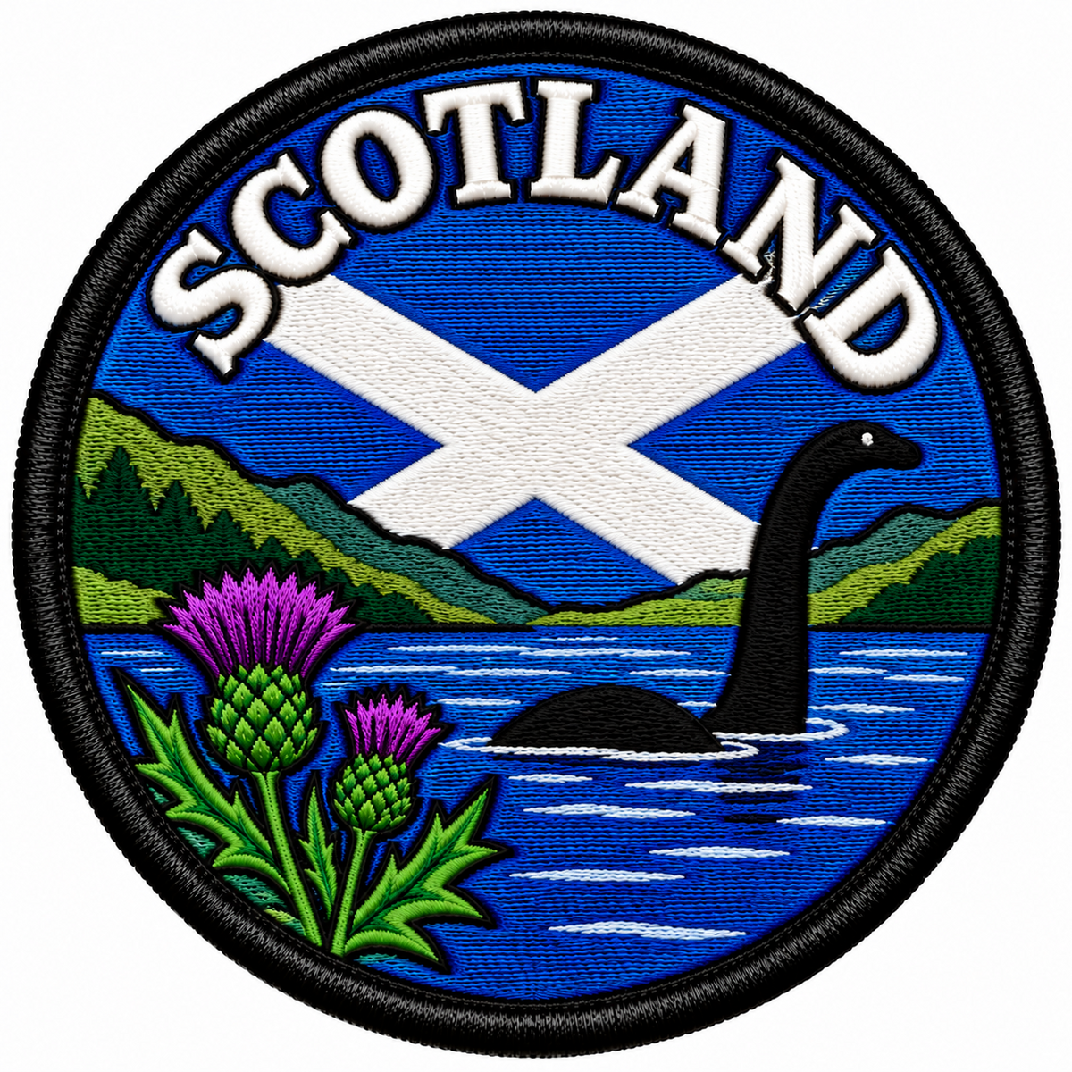 Round 80mm Scotland embroidered patch showing a black Loch Ness Monster in a blue loch beside purple thistles and green hills, with a Saltire and SCOTLAND lettering, finished with a black border.