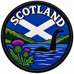 Round 80mm Scotland embroidered patch showing a black Loch Ness Monster in a blue loch beside purple thistles and green hills, with a Saltire and SCOTLAND lettering, finished with a black border.