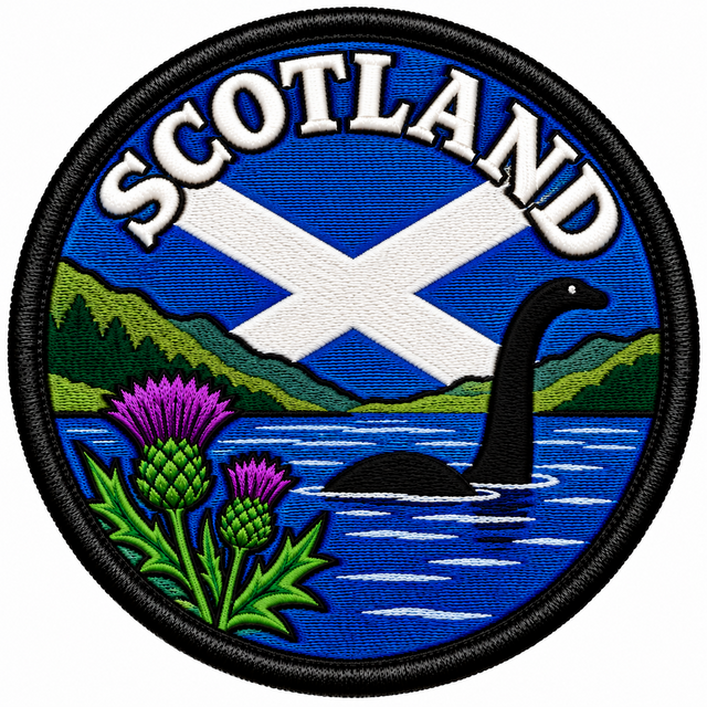 Round 80mm Scotland embroidered patch showing a black Loch Ness Monster in a blue loch beside purple thistles and green hills, with a Saltire and SCOTLAND lettering, finished with a black border.