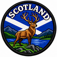 Round 80mm Scotland embroidered patch showing a brown stag with large antlers beside a loch and mountains, with a Saltire and SCOTLAND lettering, finished with a black border.