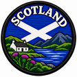 Round 80mm Scotland embroidered patch showing a white cottage beside a blue loch, mountains and purple thistles, with a Saltire and SCOTLAND lettering, finished with a black border.
