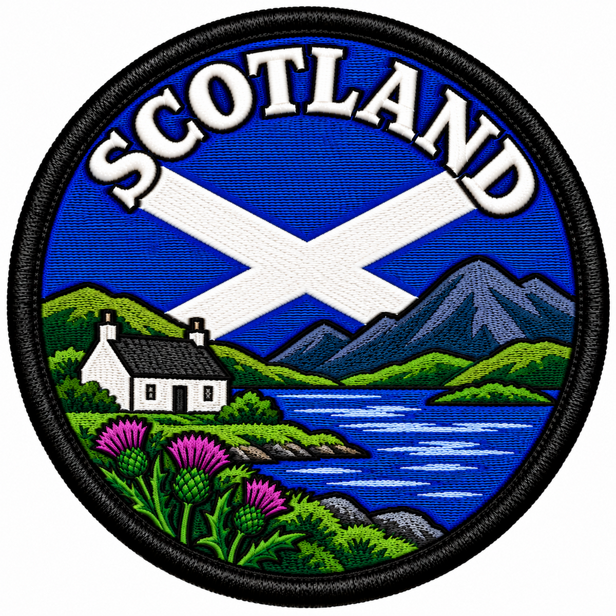 Round 80mm Scotland embroidered patch showing a white cottage beside a blue loch, mountains and purple thistles, with a Saltire and SCOTLAND lettering, finished with a black border.