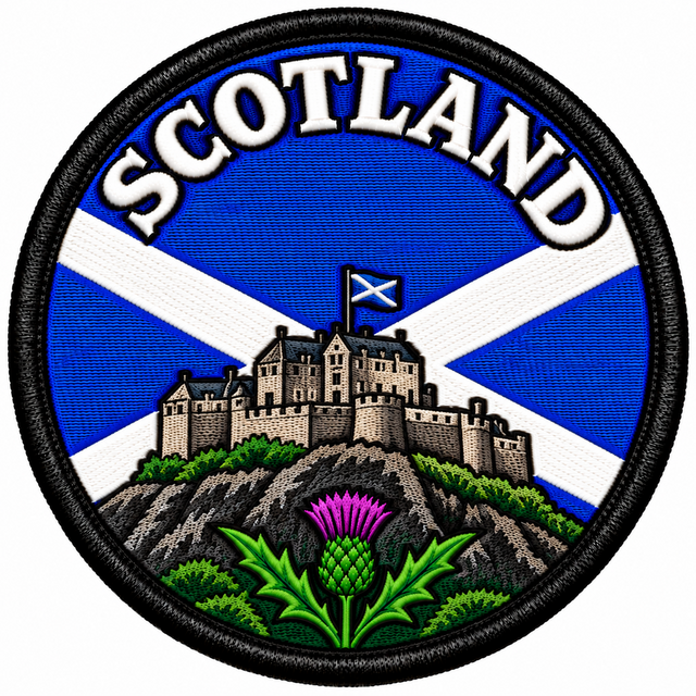Round 80mm Scotland embroidered patch showing a stone castle on a rocky hill above a purple thistle, with a Saltire and SCOTLAND lettering, finished with a black border.