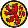 Round 80mm Scotland embroidered patch showing a red lion rampant with blue claws and tongue on a plain yellow background, finished with a black border.