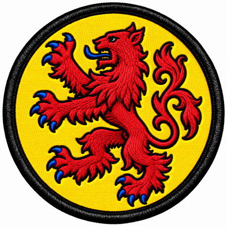 Round 80mm Scotland embroidered patch showing a red lion rampant with blue claws and tongue on a plain yellow background, finished with a black border.