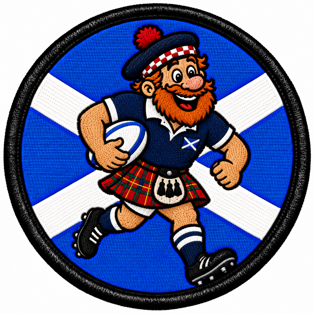 Round 80mm embroidered patch showing a smiling red-bearded rugby player in a tartan kilt carrying a rugby ball against a Saltire, framed by a black border.