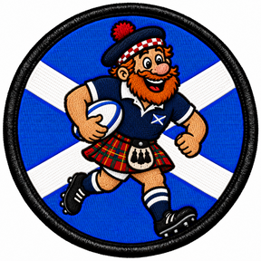 Round 80mm embroidered patch showing a smiling red-bearded rugby player in a tartan kilt carrying a rugby ball against a Saltire, framed by a black border.