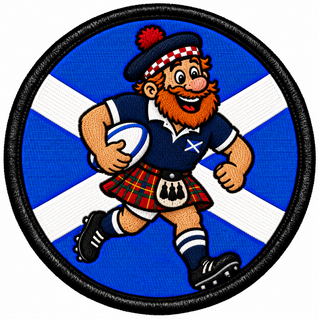 Round 80mm embroidered patch showing a smiling red-bearded rugby player in a tartan kilt carrying a rugby ball against a Saltire, framed by a black border.