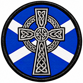 Round 80mm embroidered patch showing a white and black Celtic cross with knotwork over a blue and white Saltire, framed by a black border.