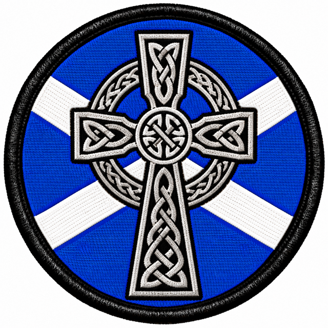 Round 80mm embroidered patch showing a white and black Celtic cross with knotwork over a blue and white Saltire, framed by a black border.