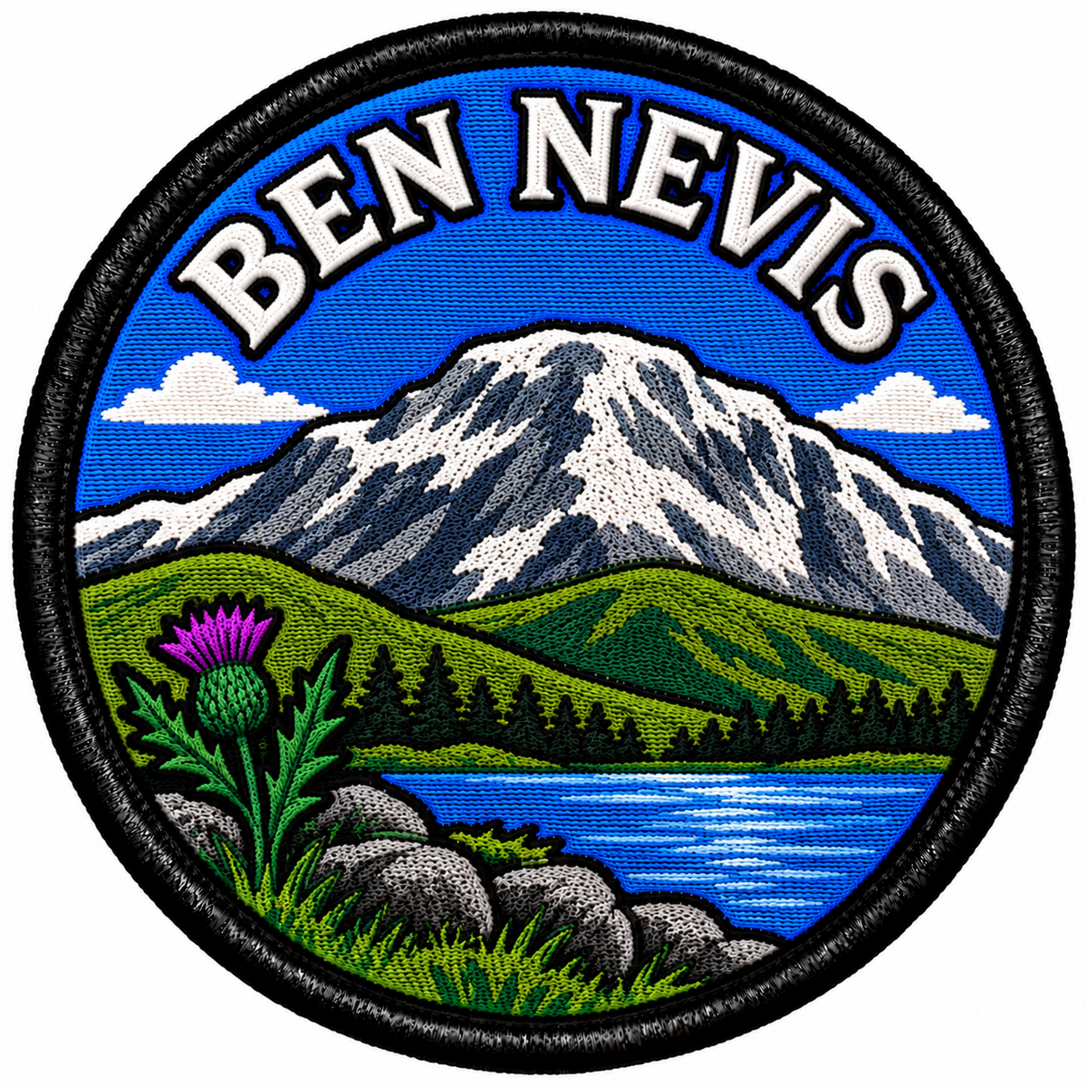 Round 80mm embroidered patch showing a snow-streaked mountain above green hills, trees and blue water, with a purple thistle and BEN NEVIS lettering, framed by a black border.